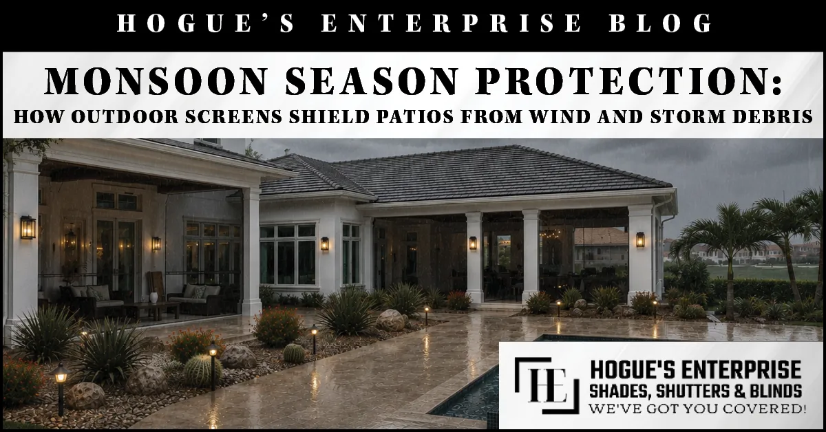 Outdoor screens protecting Arizona patio during monsoon season