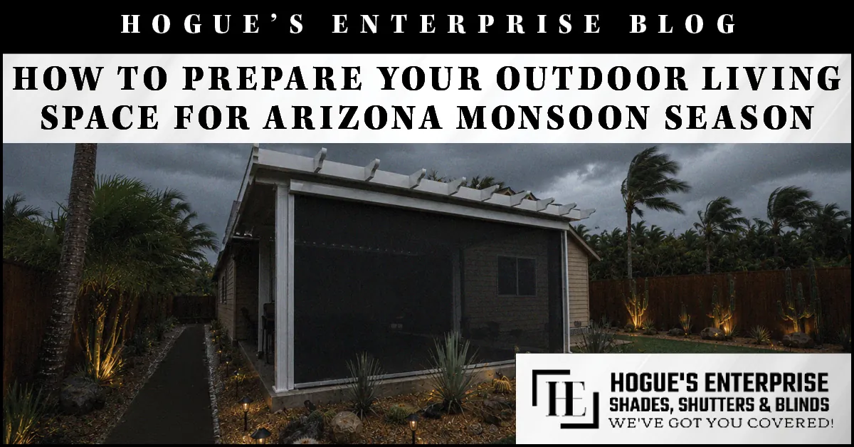 Arizona Monsoon Patio Protection Motorized MagnaTrack patio screens protecting an Arizona outdoor living space during monsoon season